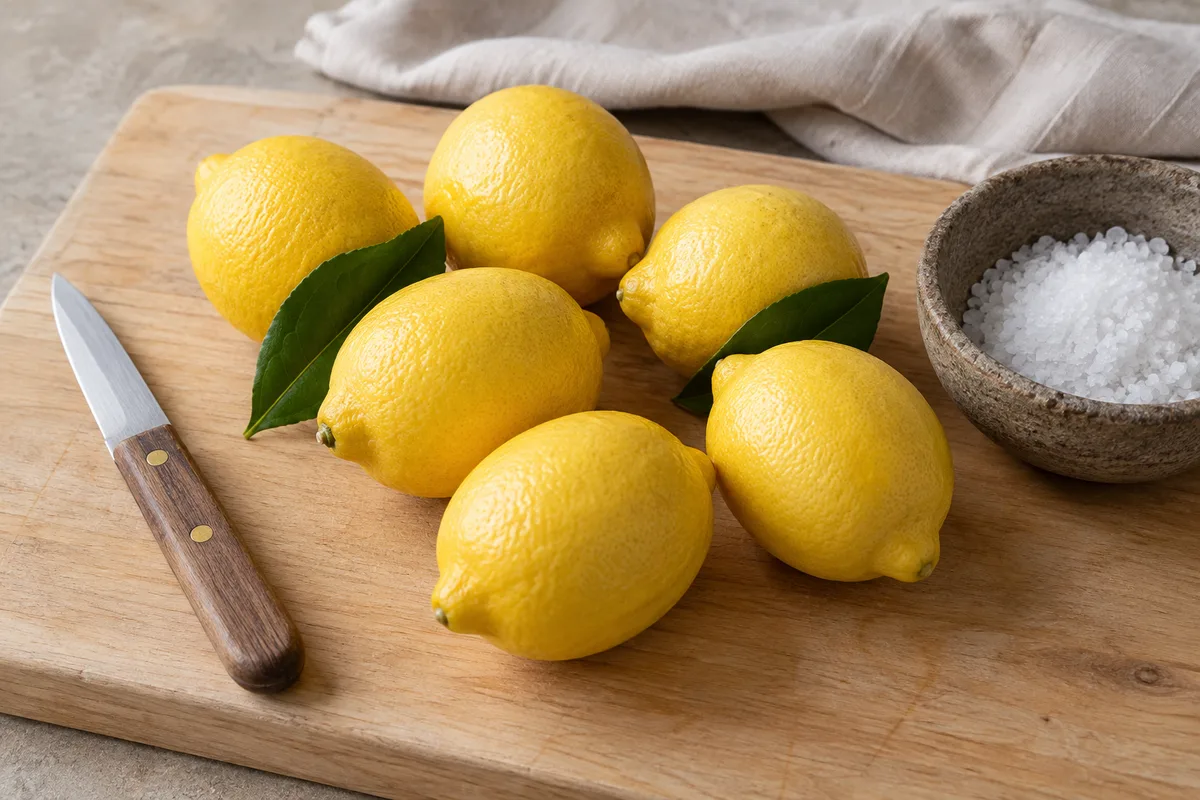 Citrons jaunes à peau fine posés sur un plan de travail en bois clair, à côté d&rsquo;un bol de gros sel et d&rsquo;un couteau d&rsquo;office