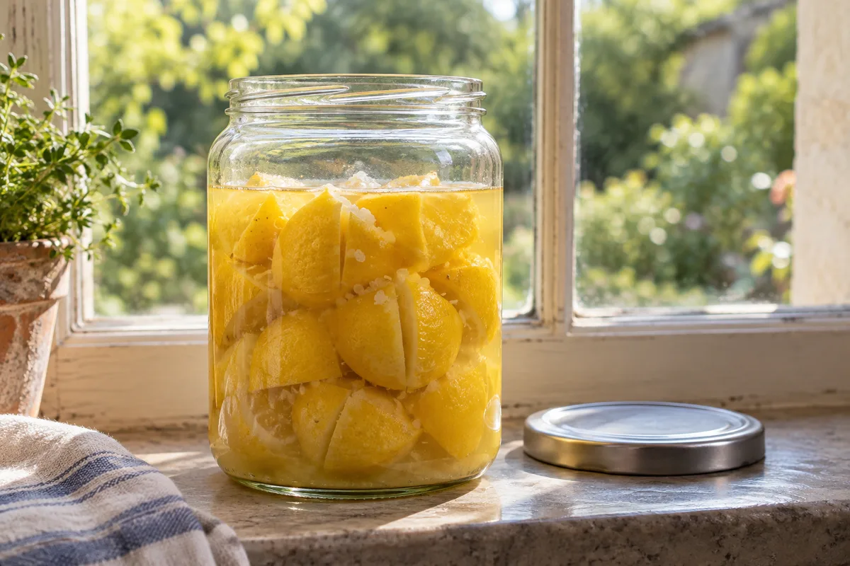 Bocal en verre rempli de quartiers de citrons salés immergés dans leur jus, posé devant une fenêtre en lumière naturelle
