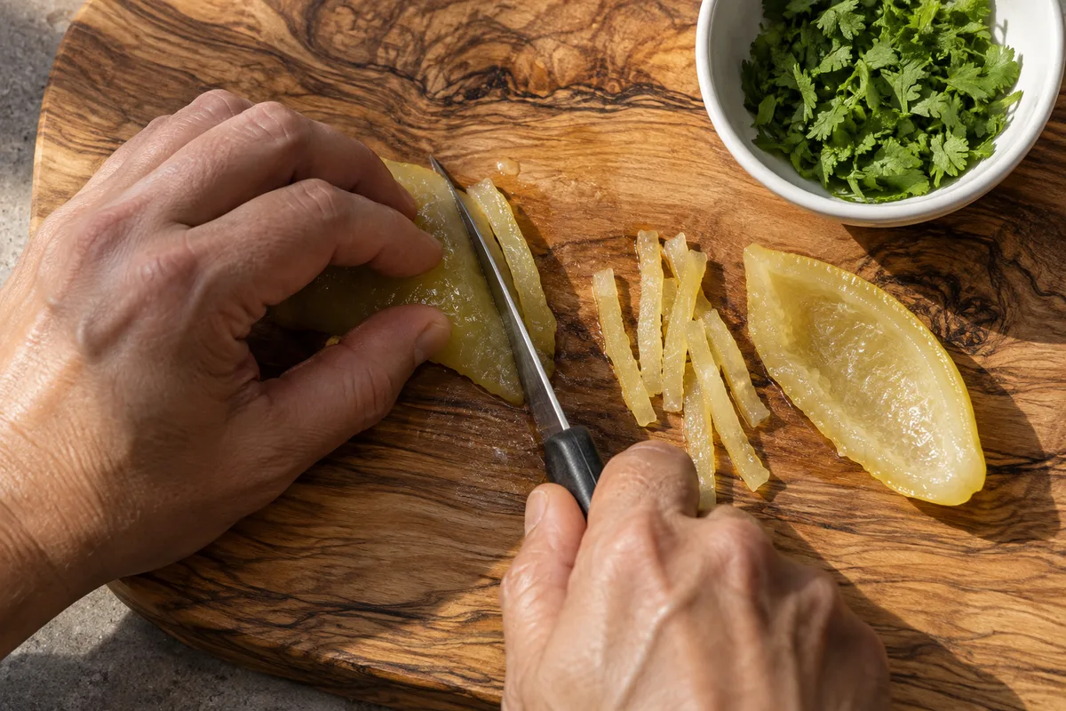 Mains taillant en fines lamelles une écorce de citron confit sur une planche en bois, bol de coriandre fraîche à côté