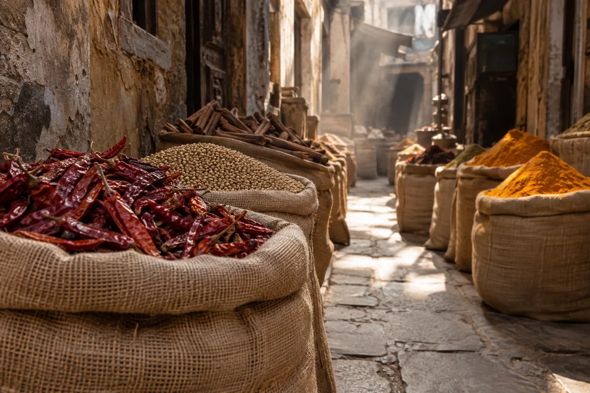 Sacs de jute ouverts remplis d&rsquo;épices dans une ruelle de marché indien