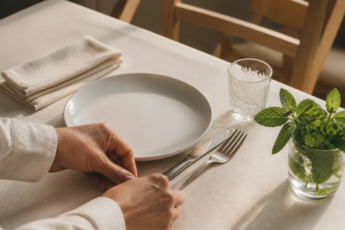 Mains dressant un couvert sur une table ronde nappée dans une salle de restaurant oriental