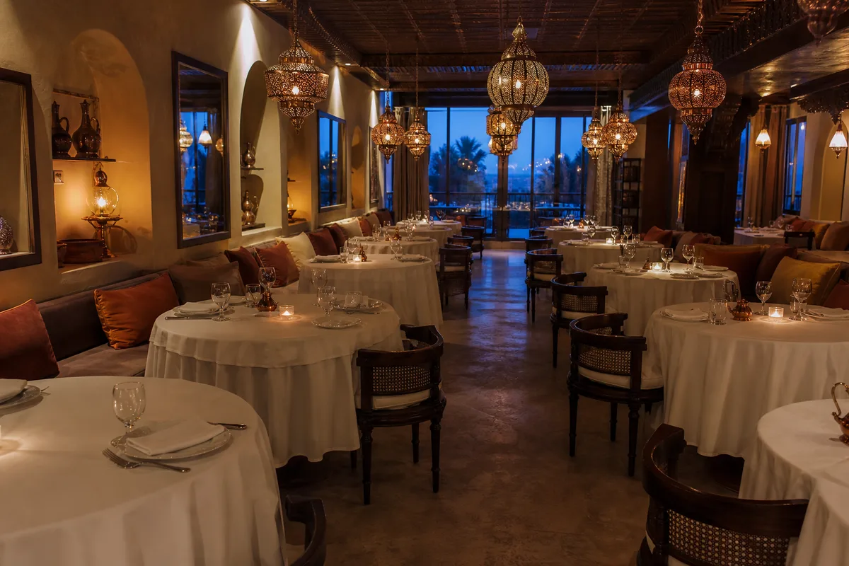 Salle de restaurant oriental dressée et vide avant le service du soir, lumière chaude