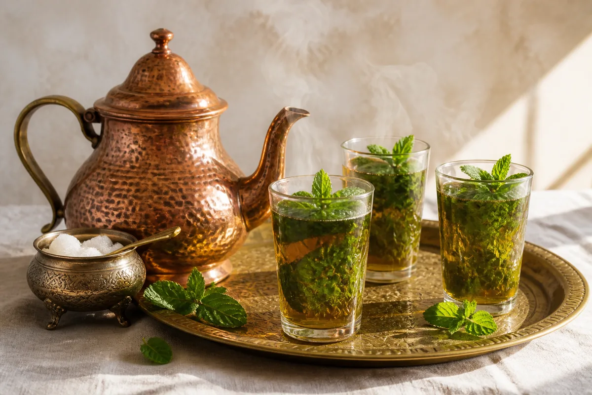 Théière en cuivre et verres à thé posés sur une nappe unie près d&rsquo;une fenêtre