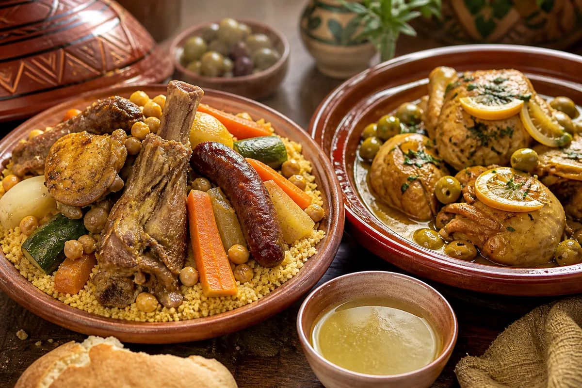 Couscous royal et tajine de poulet aux olives servis sur une table de restaurant marocain