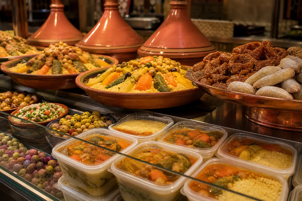 Comptoir de traiteur marocain avec couscous et tajines préparés à emporter et pâtisseries au miel