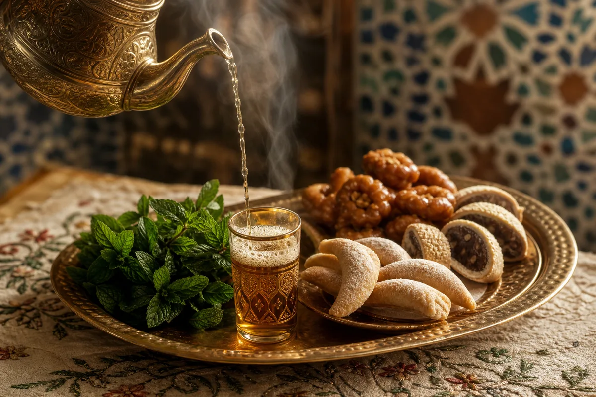 Thé à la menthe marocain versé de haut à côté de cornes de gazelle et pâtisseries au miel