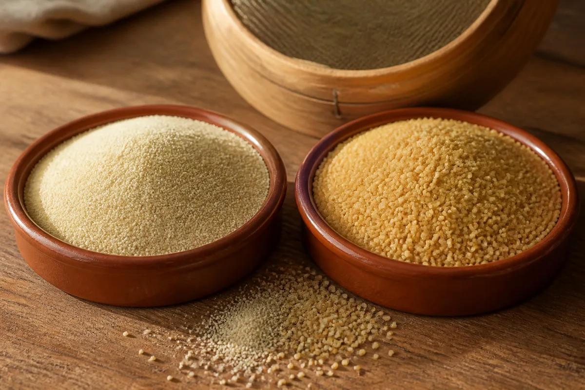 Semoule de couscous fine et moyenne dans deux coupelles de terre cuite