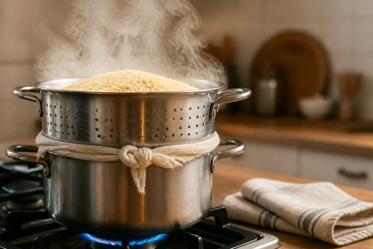 Vapeur s&rsquo;échappant du panier d&rsquo;un couscoussier en inox posé sur la flamme