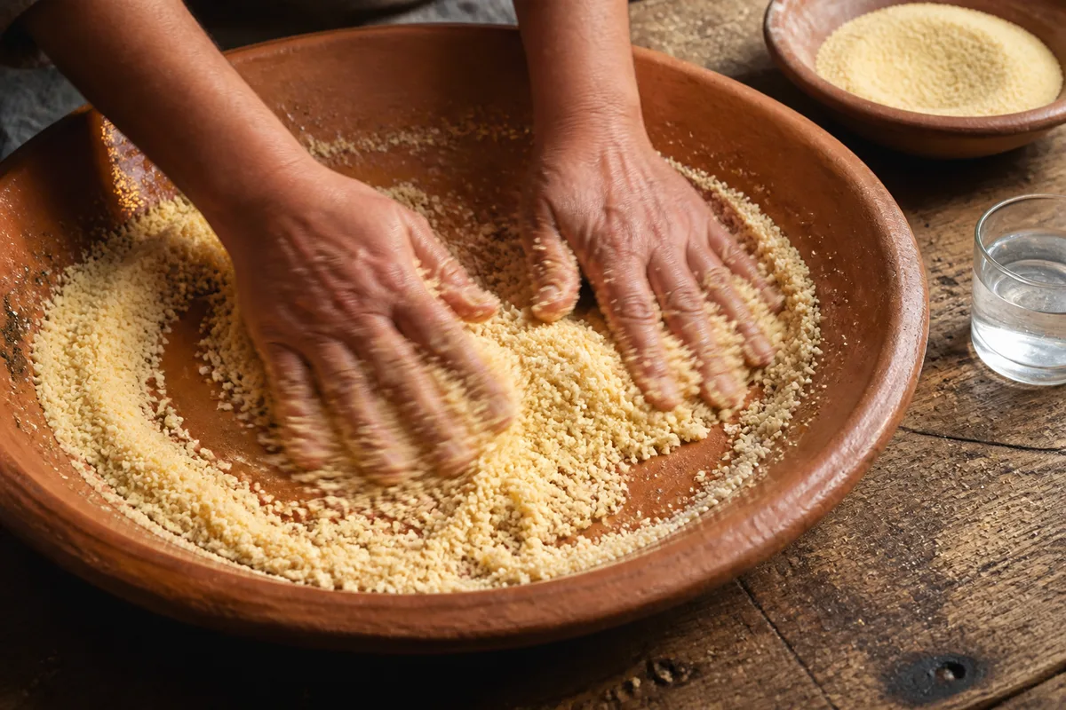 Mains roulant la graine de couscous dans une grande gasâa en terre cuite