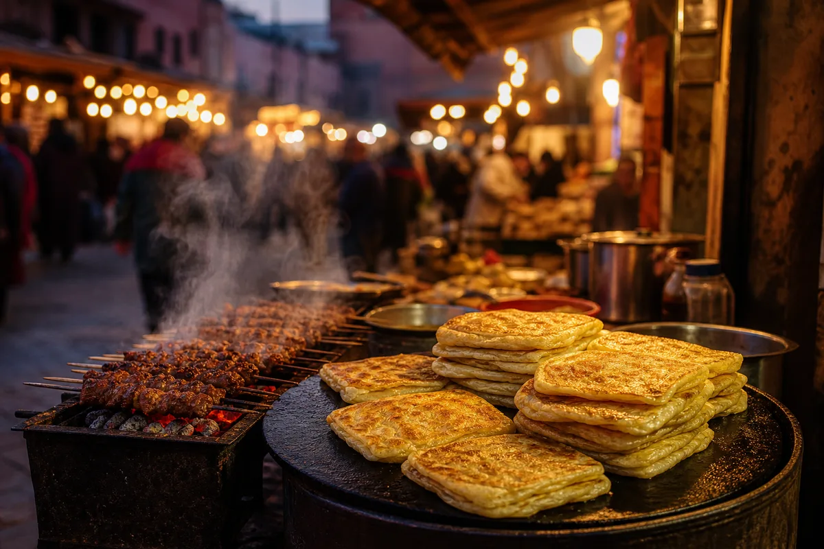 Étal de street food marocaine avec msemen et brochettes sur un marché animé