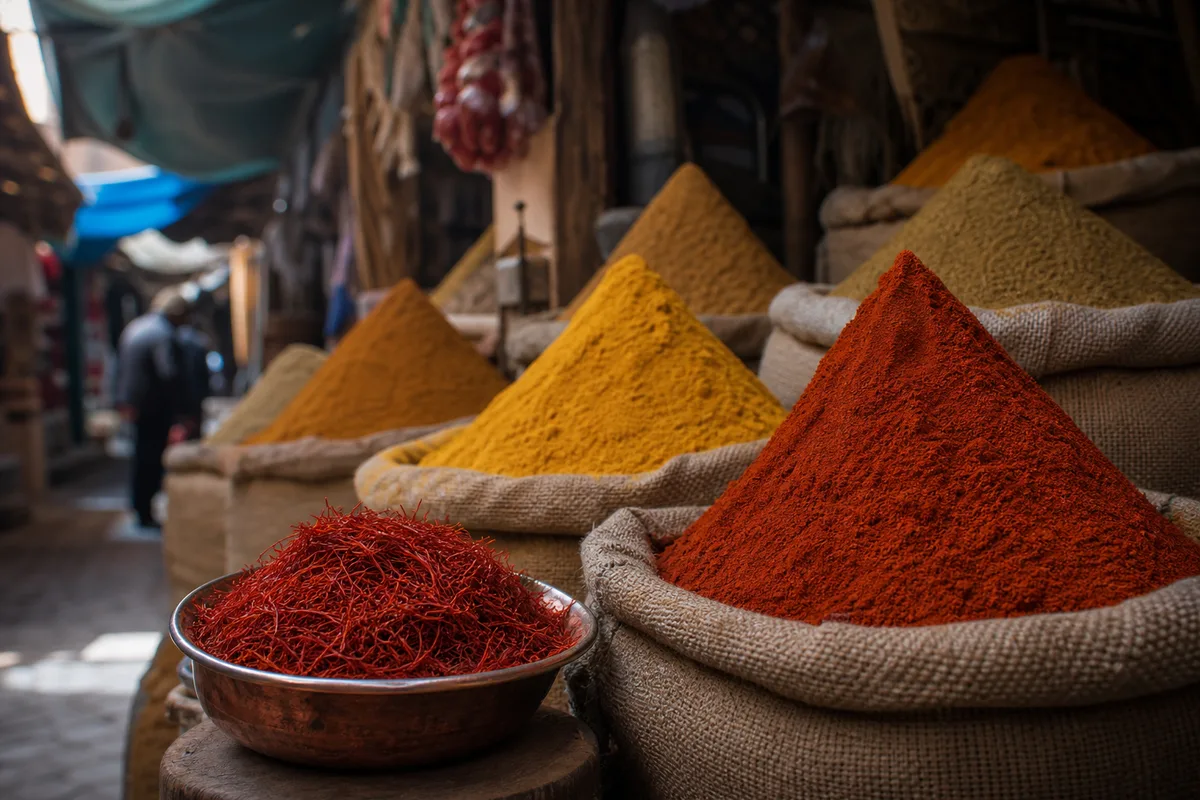 Sacs d&rsquo;épices colorées et cônes de ras el hanout dans un souk marocain