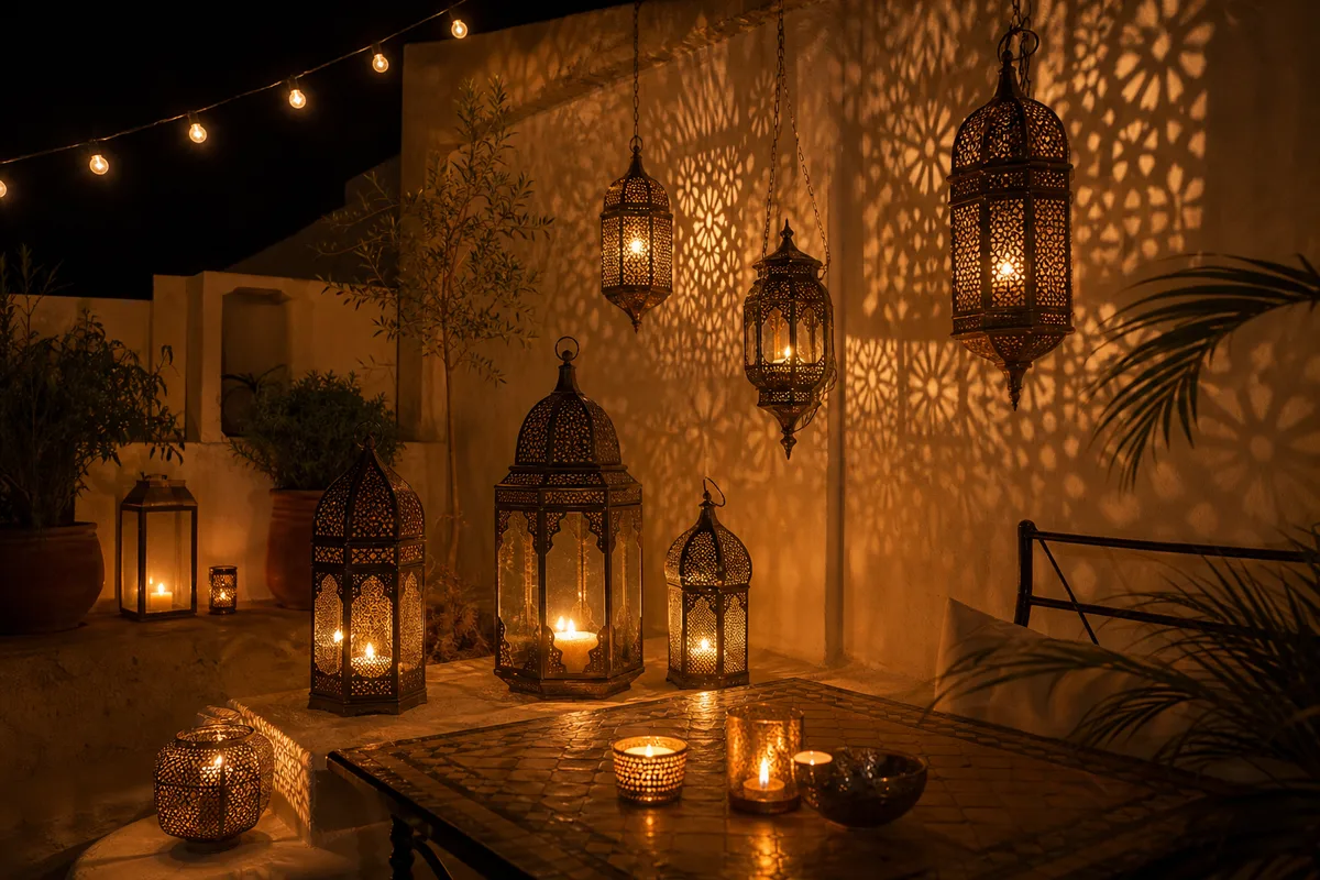 Lanternes marocaines en métal ajouré allumées le soir diffusant une lumière tamisée sur une terrasse
