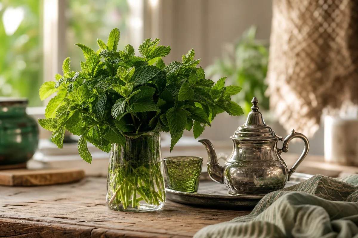 Bouquet de menthe fraîche et théière posés sur une table en bois près d’une fenêtre