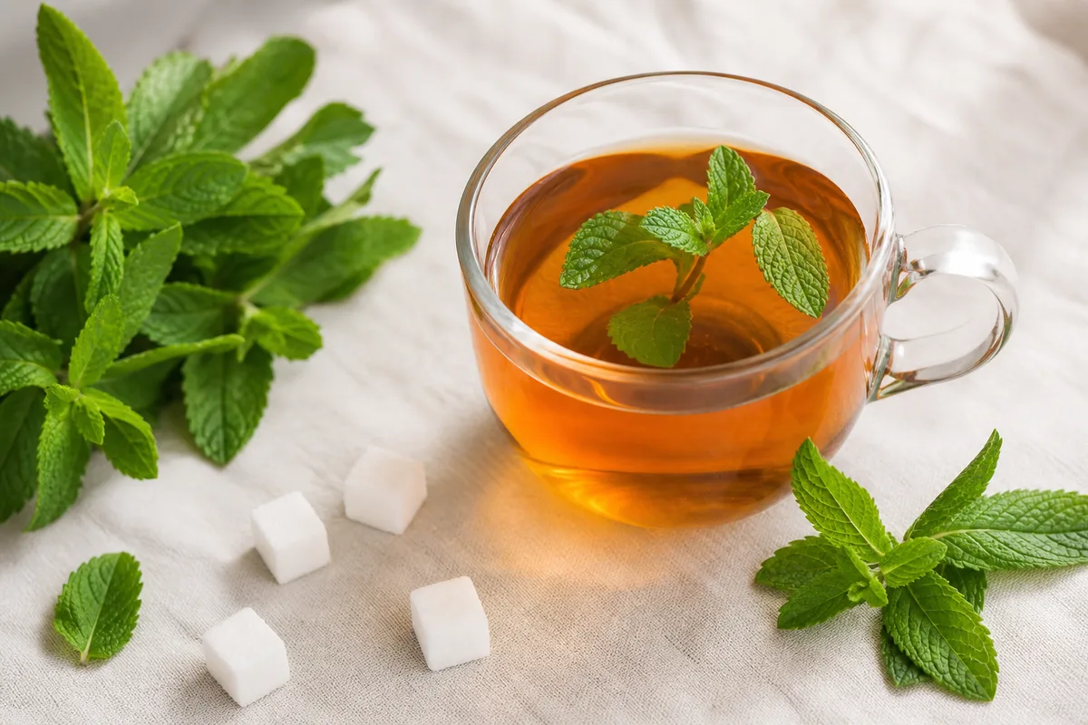 Tasse de thé à la menthe entourée de feuilles fraîches et de morceaux de sucre sur une nappe claire